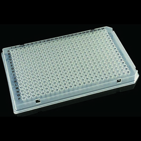 SSI full-skirted PCR plate, 384 wells, 2 notch type well, A24 and P24 cut corners, clear